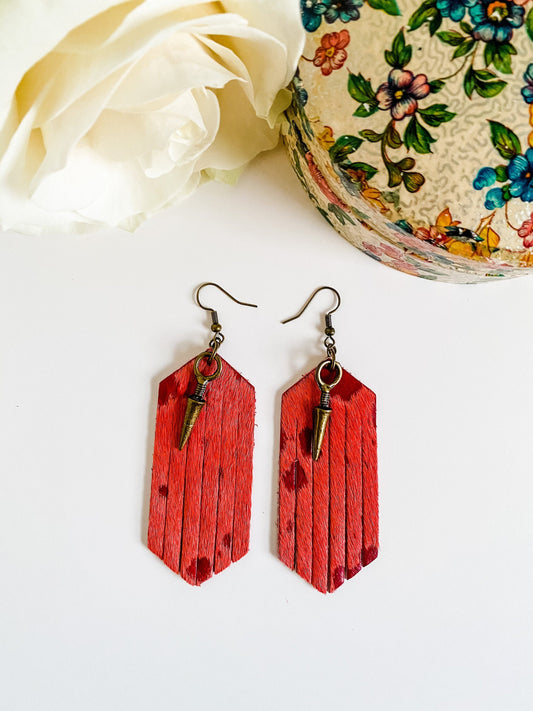 Red Cowhide Fringe Earrings with Bronze Spike Dangles, Punchy Western Earrings, Boho Tribal Chic Earrings, Festival Fashion Jewelry