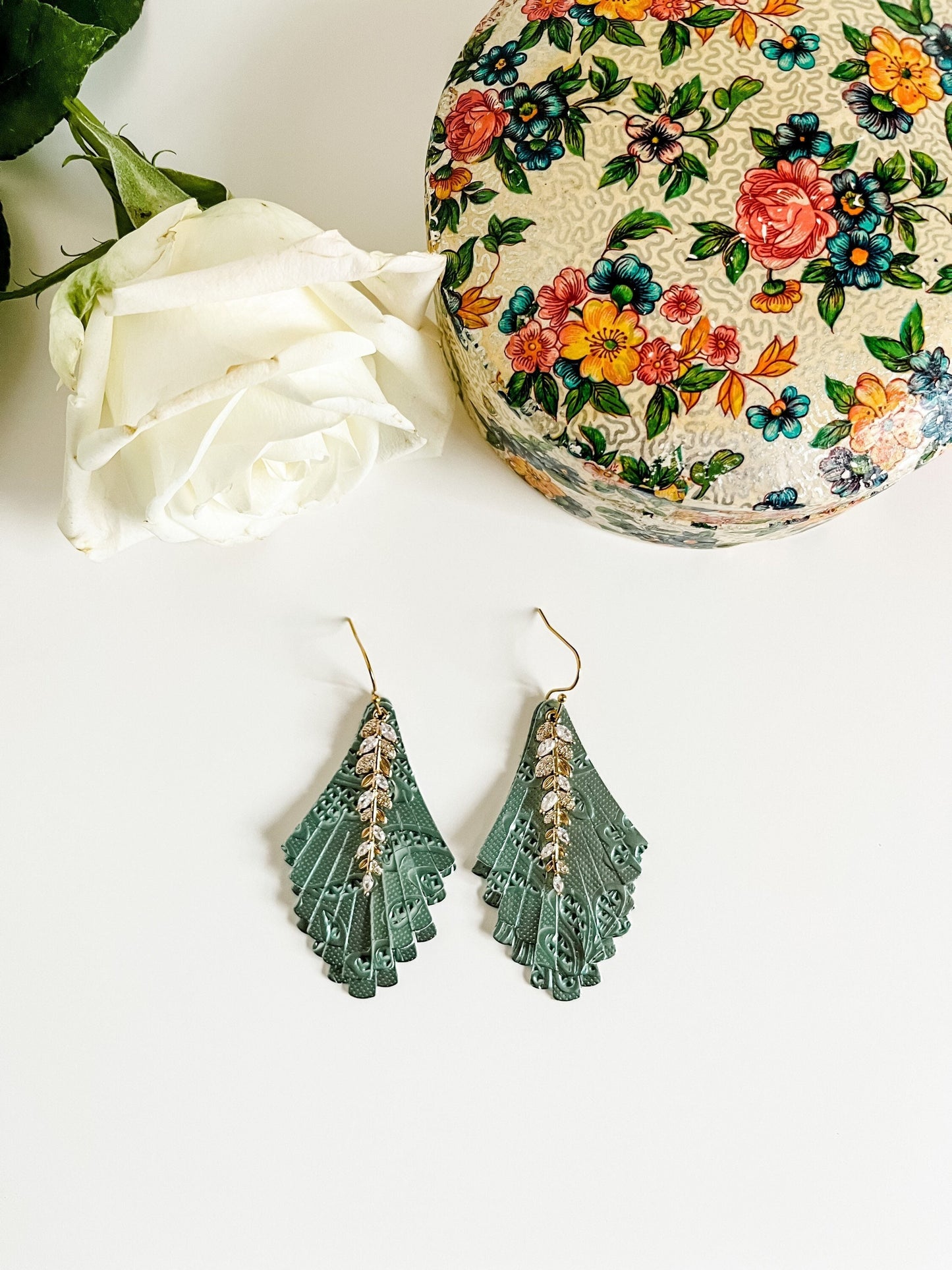 Elegant Fringe Earrings in Sage Green Floral Embossed Leather, Crystal Leaf Charm Dangles, Boho Dressy Earrings, Green Coquette Earrings