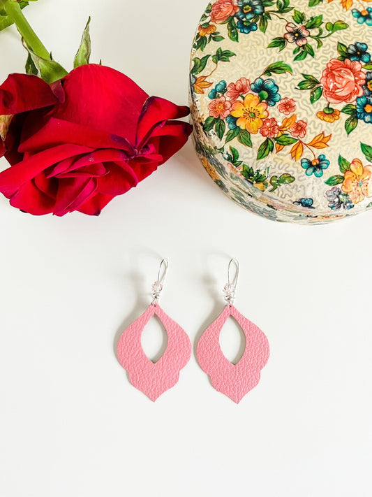 Pretty Pink Leather Earrings with Bead Accent, Coquette Chic Earrings, Boho Wedding Earrings, Breast Cancer Awareness Survivor Earrings