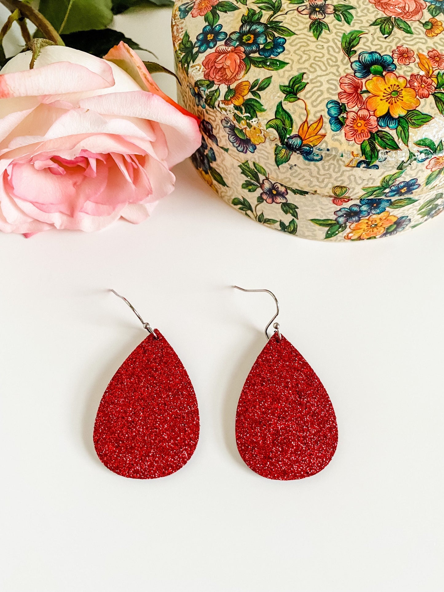 Red Glitter Teardrop Earrings, Leather Teardrop Earrings, Bling Holiday Earrings, Holiday Party Earrings, Simple Earrings, Gift for Her