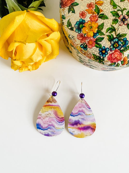 Boho Teardrop Earrings with Purple Bead Accent, Vivid Painted Desert Cork on Leather, Marble Look Earrings, Burnt Orange Yellow Purple Blue