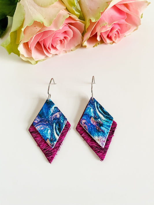 Pink Black Hair on Hide Layered Diamond Shaped Earrings, Blue Turquoise Marble Swirl Print, Bright Boho Earrings, Coastal Cowgirl Earrings