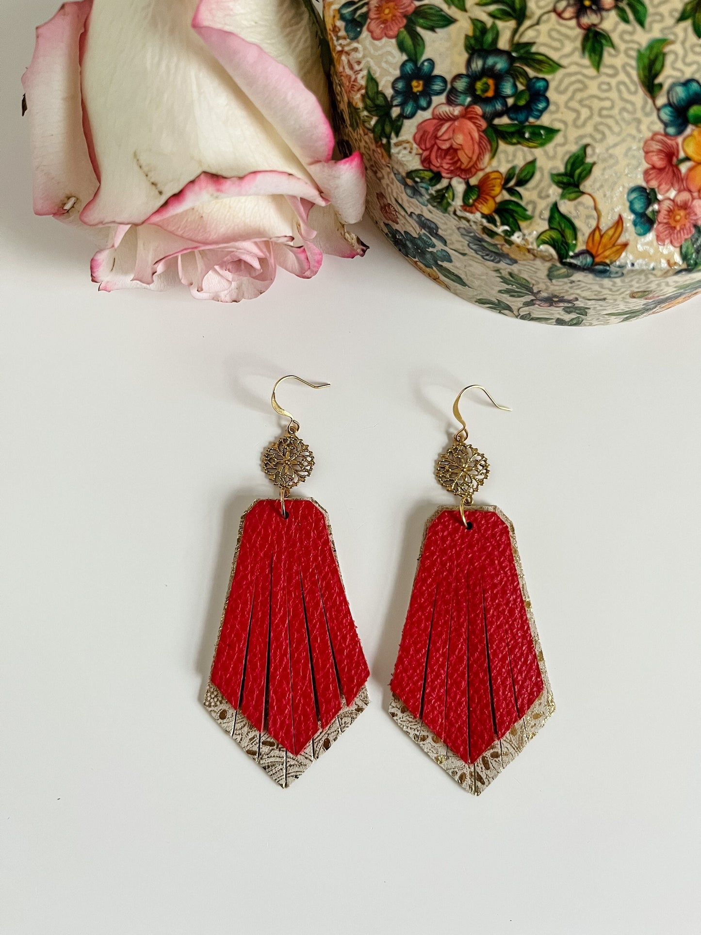 Leather Fringe Earrings, Red Fringe Earrings, Gold Paisley Earrings Ornate Filigree Drops, Vintage Inspired Earrings, Boho Dressy Earrings