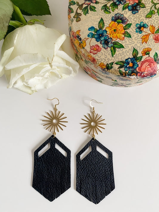 Black Leather Fringe Earrings with Gold Suns, Boho Chic Earrings, Coastal Cowgirl Western Earrings, Southwestern Sun Earrings