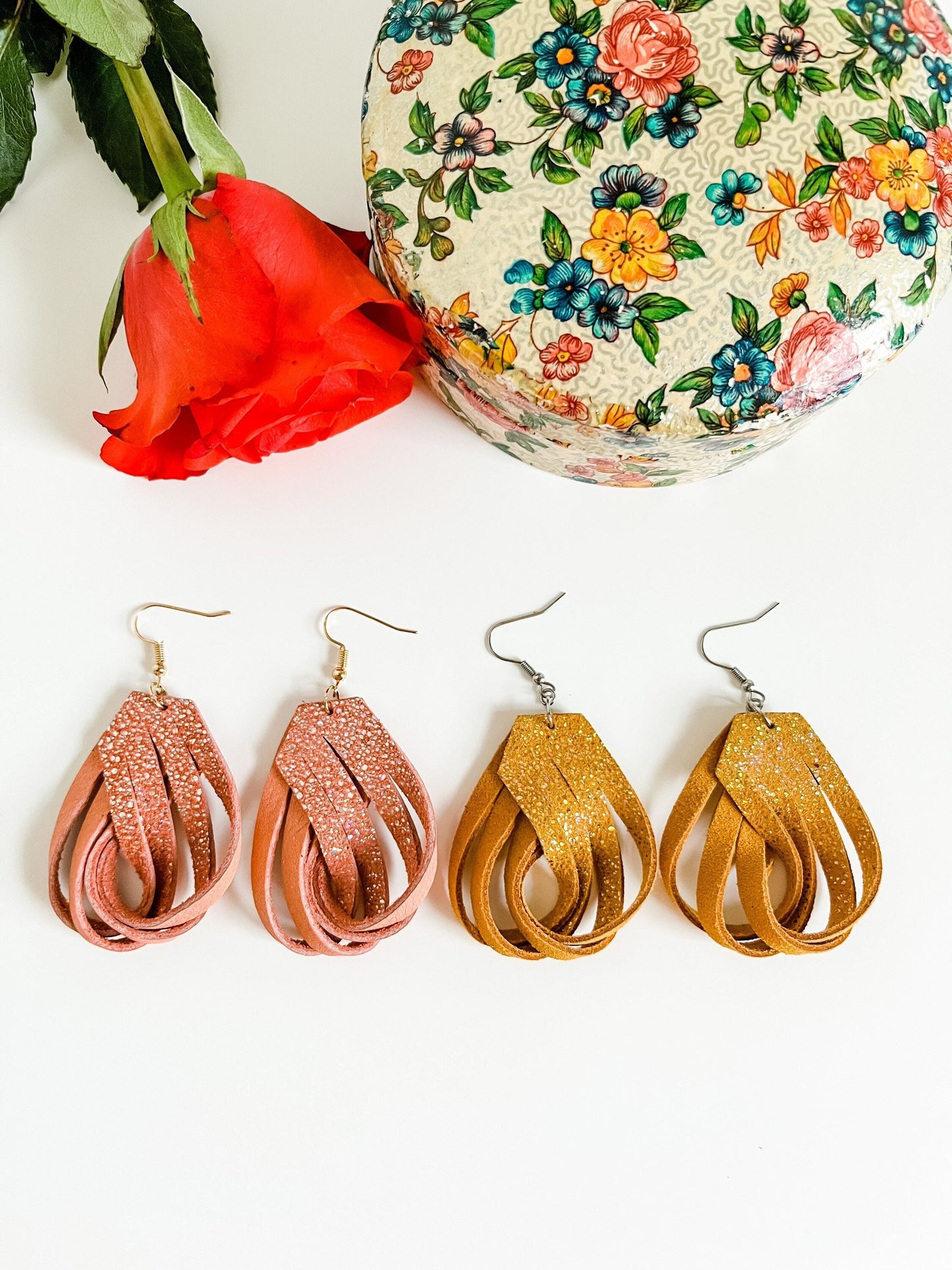 Leather Fringe Loop Earrings, Metallic Peach Sparkle, Metallic Mustard Sparkle, Leather Earrings, Medium Size Earrings, Boho Dressy Earrings