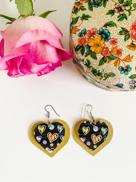 Black and Yellow Heart Dangle Earrings, Multicolor Sketched Heart Print Cork, Teacher Earrings, Valentines Earrings, Galentines Gift for Her