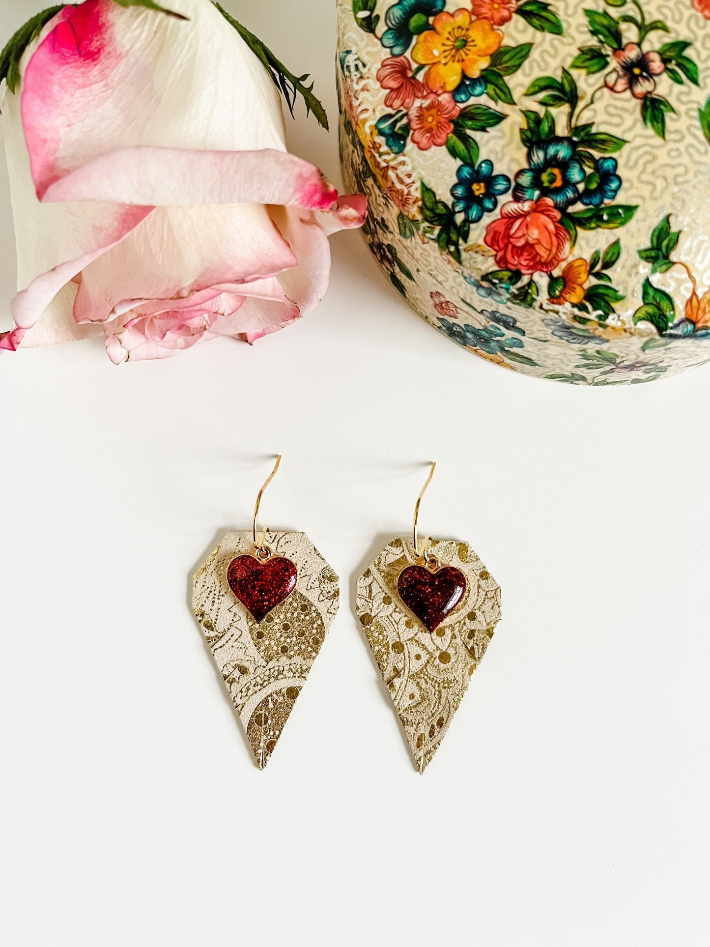 Gold Paisley Suede Earrings with Red Heart Charms, Valentines Earrings, Galentines Gift for Her, Diamond Shaped Fringe Earrings