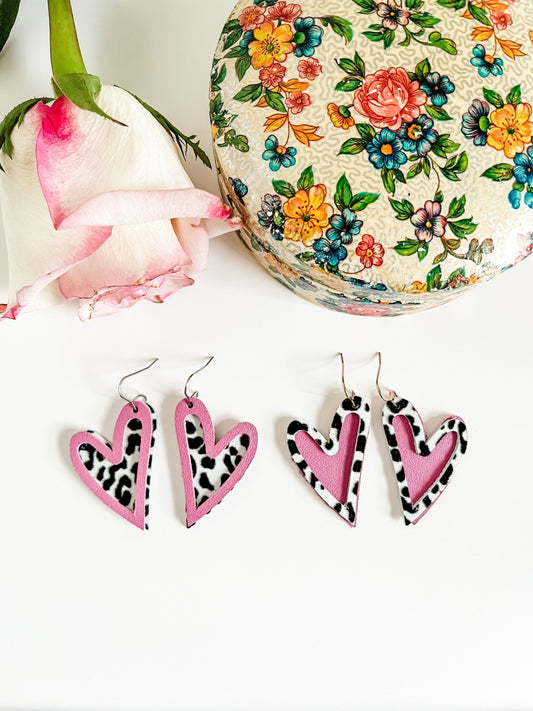 Snow Leopard and Mauve Whimsy Heart Earrings, Quirky Leather Heart Earrings, Leopard Earrings, Best Friend Birthday Galentines Gift for Her