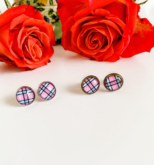 Pink and Black Tartan Plaid Stud Earrings, Barbiecore Earrings, Pink Plaid Earrings, Best Friend Birthday Gift for Her, Teacher Earrings