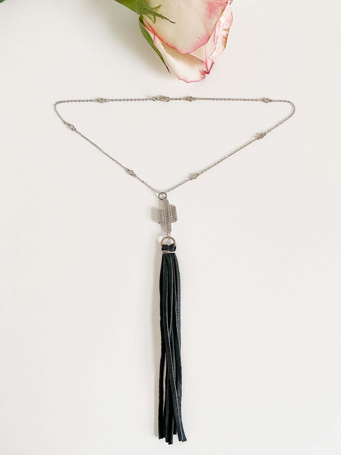 Black Leather Tassel Necklace with Pavé Crystal Cactus, Fringe Necklace, Coastal Cowgirl Necklace, Cactus Necklace, Festival Fashion