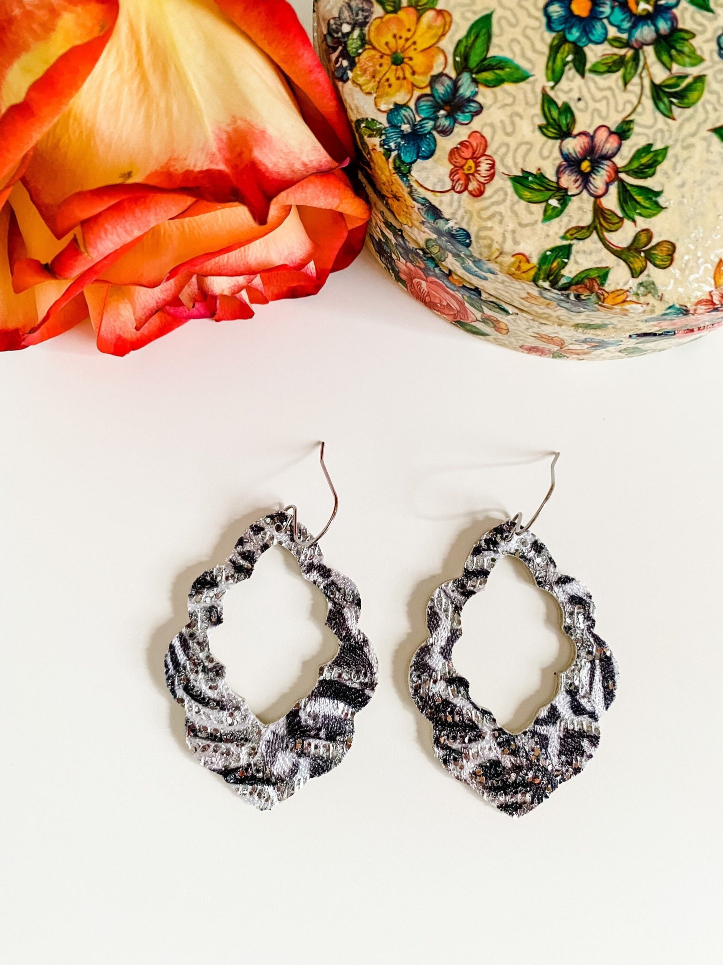 Black and White Glitter Lace Earrings, Black and White Animal Print Earrings, Whimsigoth Earrings, Party Earrings, Scalloped Leaf Earrings