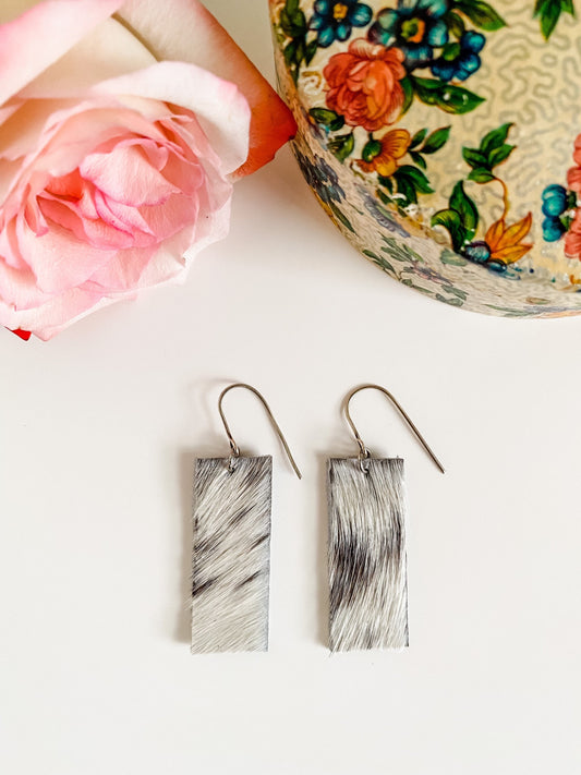 Cowhide Bar Earrings, Sterling Silver Earrings with Salt and Pepper Cowhide Dangles, Western Minimalist Earrings, Coastal Cowgirl Jewelry