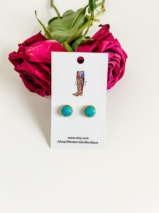 Genuine Turquoise Stud Earrings, Coastal Cowgirl Earrings, Turquoise Earrings, Western Gold Stud Earrings, Boho Chic Festival Earrings