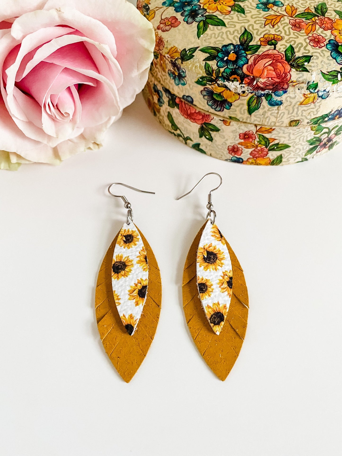 Boho Sunflower Earrings, Leather Fringe Feather Earrings, Sunflower Print Leather, Mustard Yellow Suede