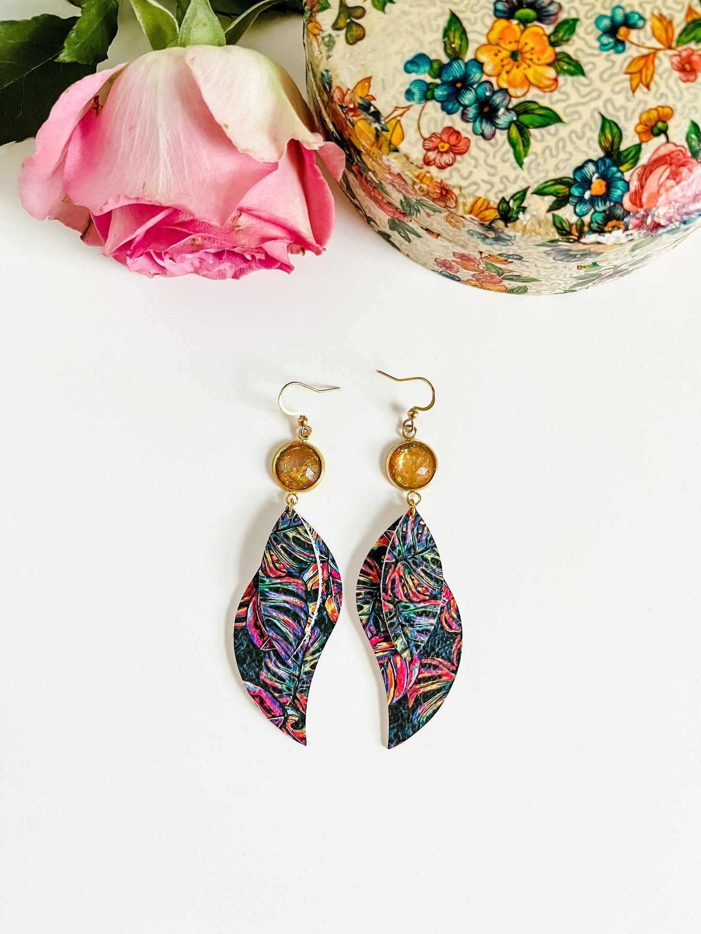 Neon Monstera Leaf Print Earrings, Twist Petal Earrings with Gold Orange Druzy Drops, Tropical Beachy Earrings, Monstera Gift for Her