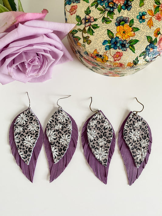 Cheetah Daisy and Purple Leather Feather Earrings, Purple Distressed Leather, Boho Coquette Chic Earrings, Floral Cottagecore Earrings