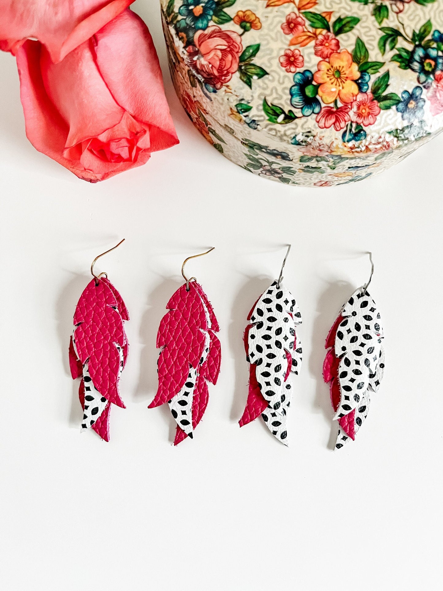 Leather Feather Earrings, Berry Pink Earrings, Black White Boho Feather Earrings, Boho Country Chic Earrings, Best Friend Gift for Her