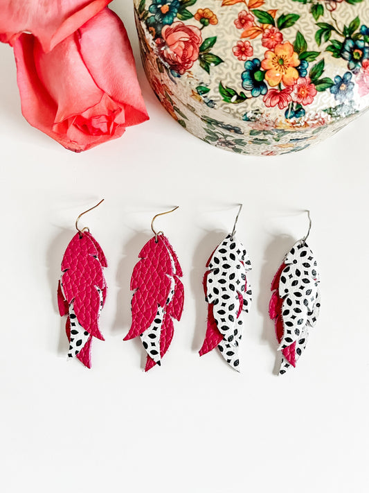 Leather Feather Earrings, Berry Pink Earrings, Black White Boho Feather Earrings, Boho Country Chic Earrings, Best Friend Gift for Her