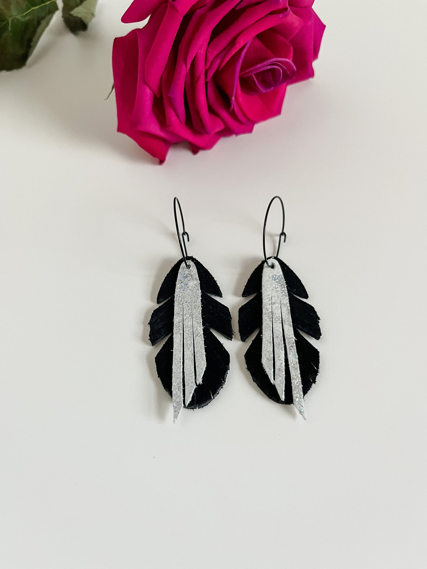 Boho Black and White Leather Feather Fringe Earrings, Black Feather Earrings, Western Cowgirl Chic Earrings, Hoop Earrings Feather Drops