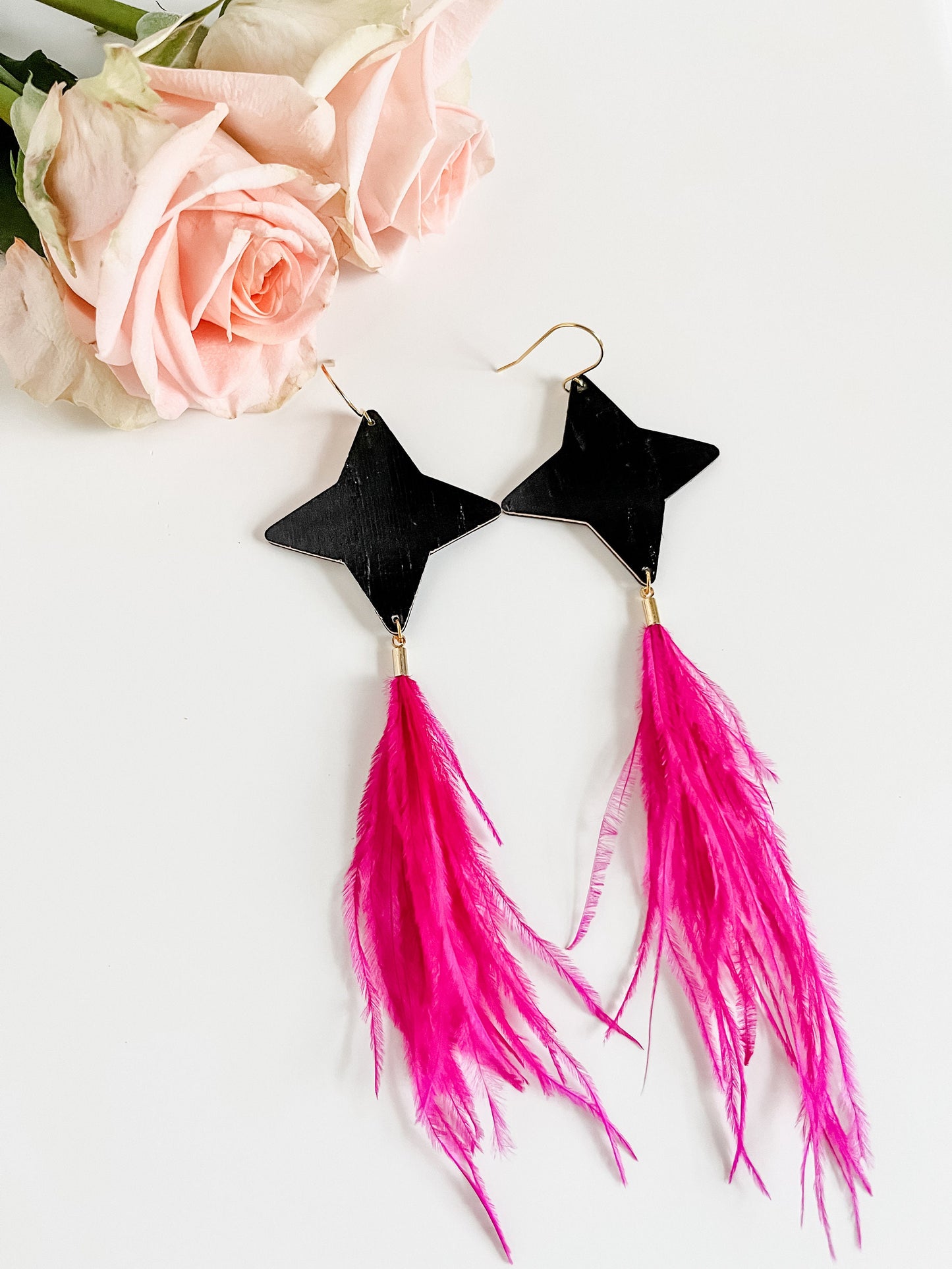 North Star Earrings Real Feather Dangles, Black Cork Leather with Pink Feathers, Gold Glitter Leather with Mint Feathers, Bright Earrings