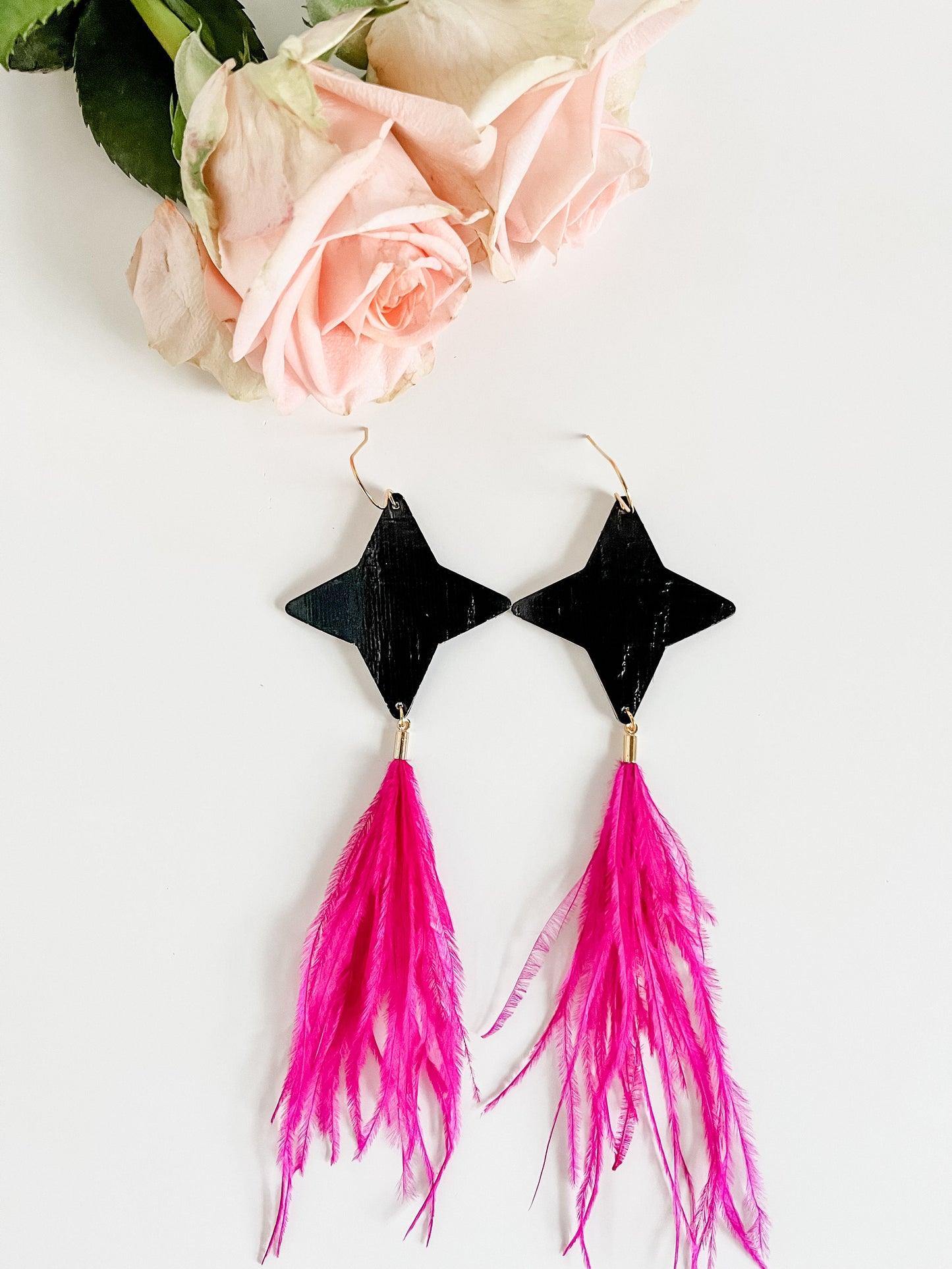 North Star Earrings Real Feather Dangles, Black Cork Leather with Pink Feathers, Gold Glitter Leather with Mint Feathers, Bright Earrings