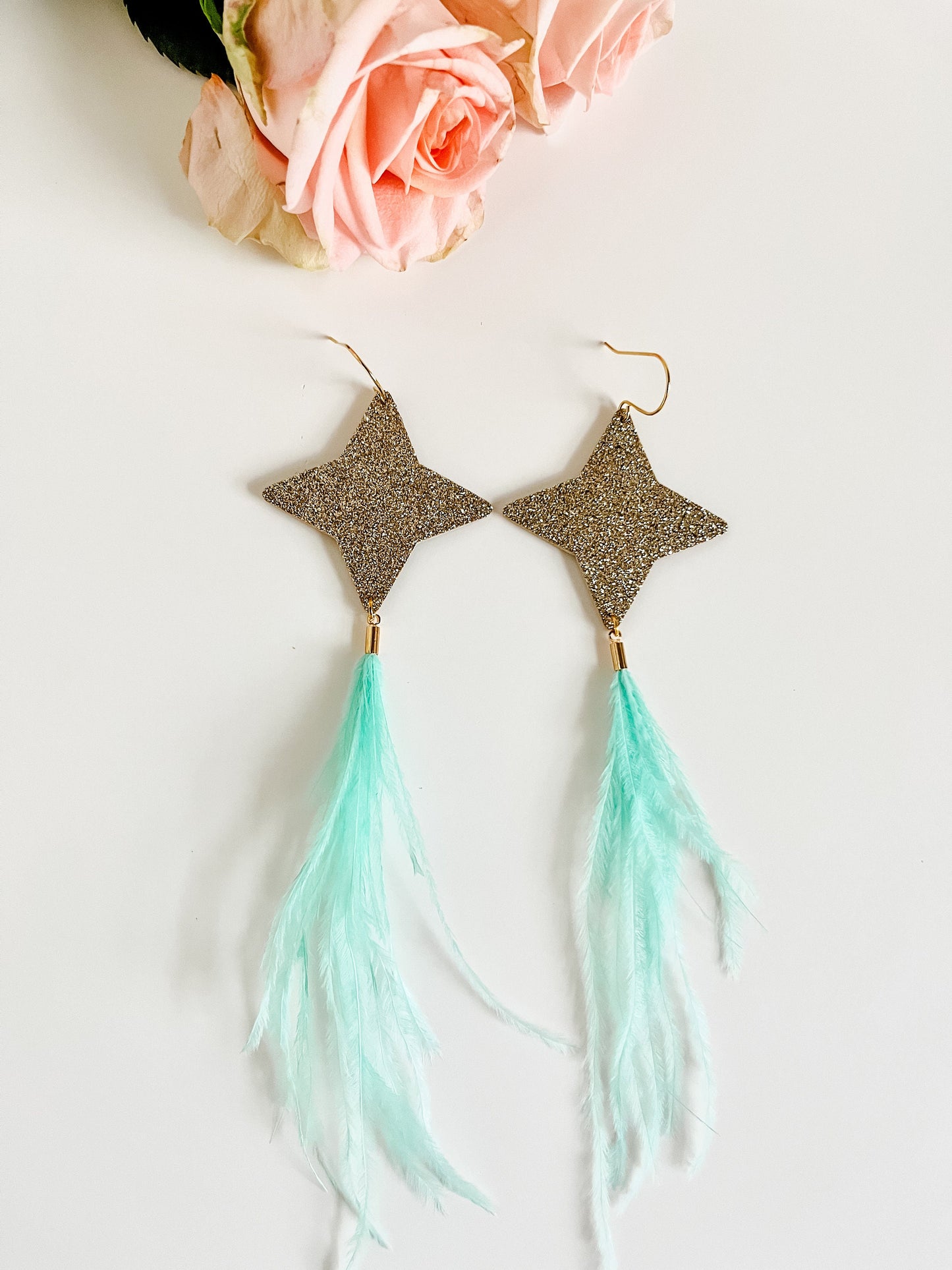 North Star Earrings Real Feather Dangles, Black Cork Leather with Pink Feathers, Gold Glitter Leather with Mint Feathers, Bright Earrings