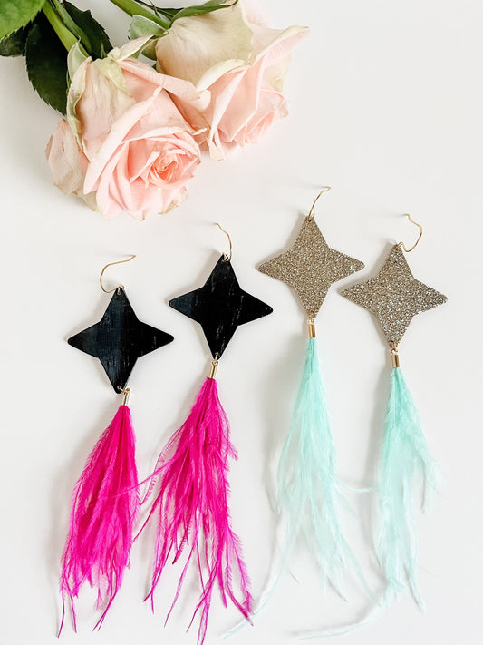 North Star Earrings Real Feather Dangles, Black Cork Leather with Pink Feathers, Gold Glitter Leather with Mint Feathers, Bright Earrings