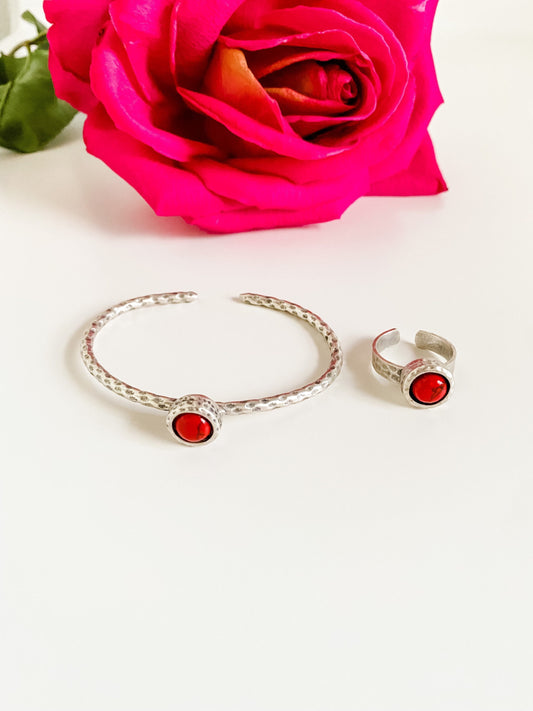 Red Howlite Bracelet and Ring Set, Coastal Cowgirl Jewelry, Silver Skinny Cuff Bracelet, Hammered Silver Ring, Boho Jewelry Gift for Her