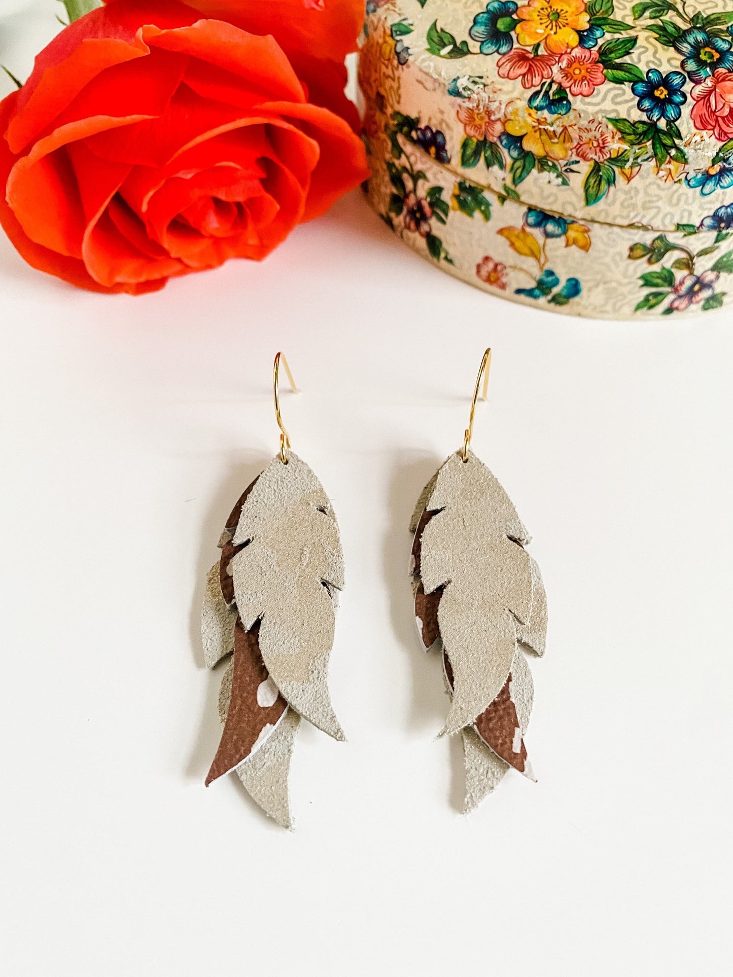 Boho Feather Earrings, Axis Deer Print Leather, Cream Shimmer Camouflage, Neutral Earrings, Gift for Hunter, Cowgirl Chic Western Earrings