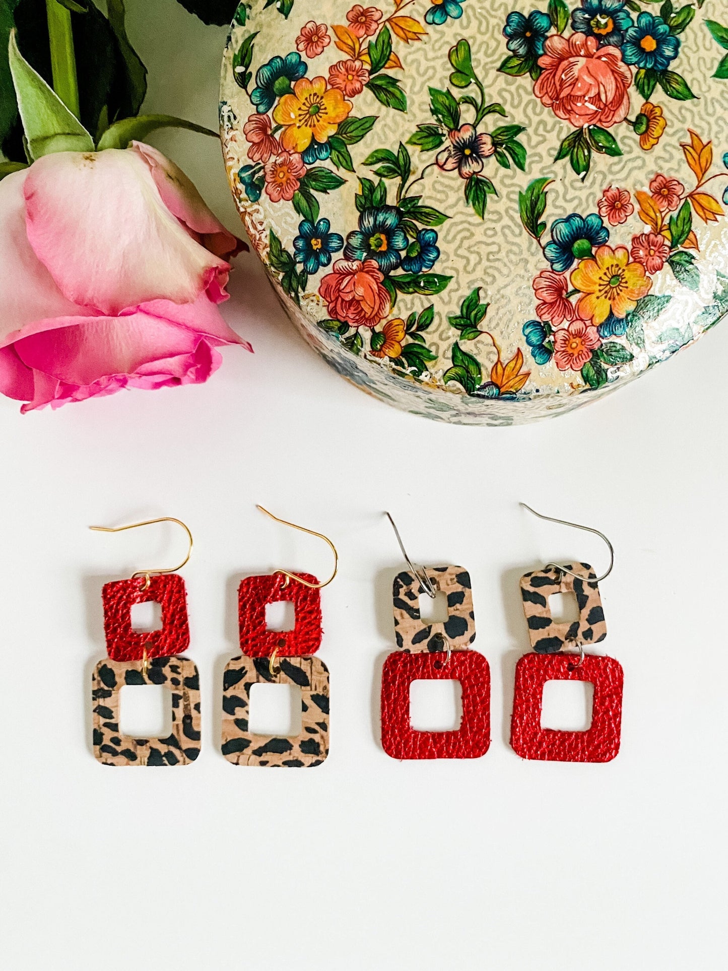 Red and Cheetah Earrings, Metallic Red Leather, Cheetah Print Cork, Small Geometric Earrings, Rounded Square Earrings