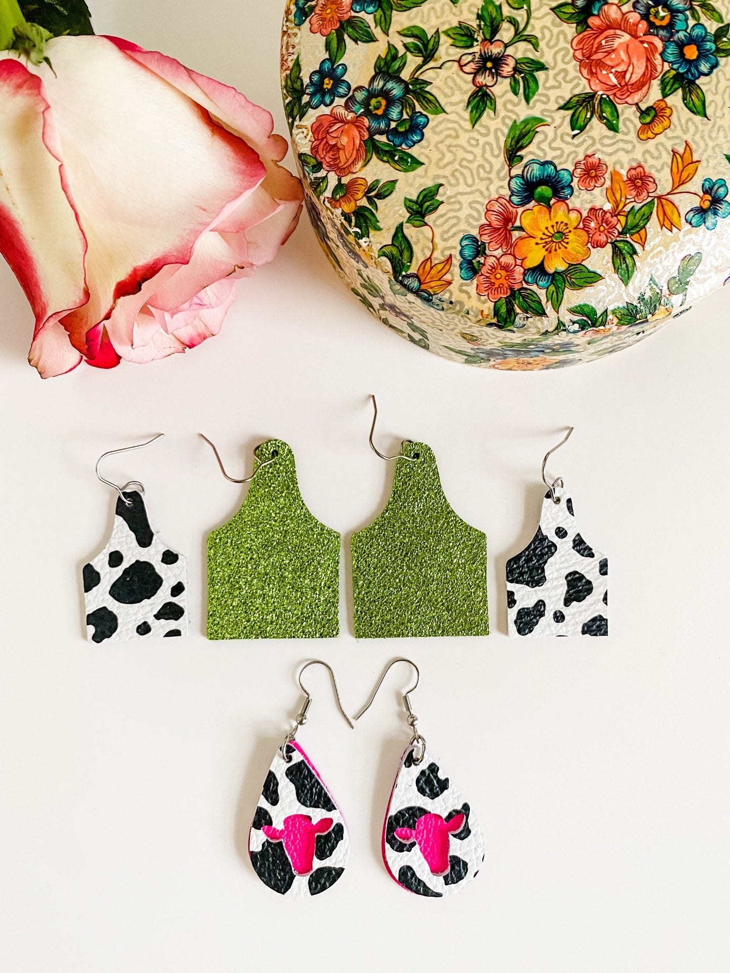 Western Earrings Set, Cattle Tag Earrings, Cow Print Teardrop Earrings with Cow Cutout, Black White Cow Print, Hot Pink, Lime Green, 3 pairs