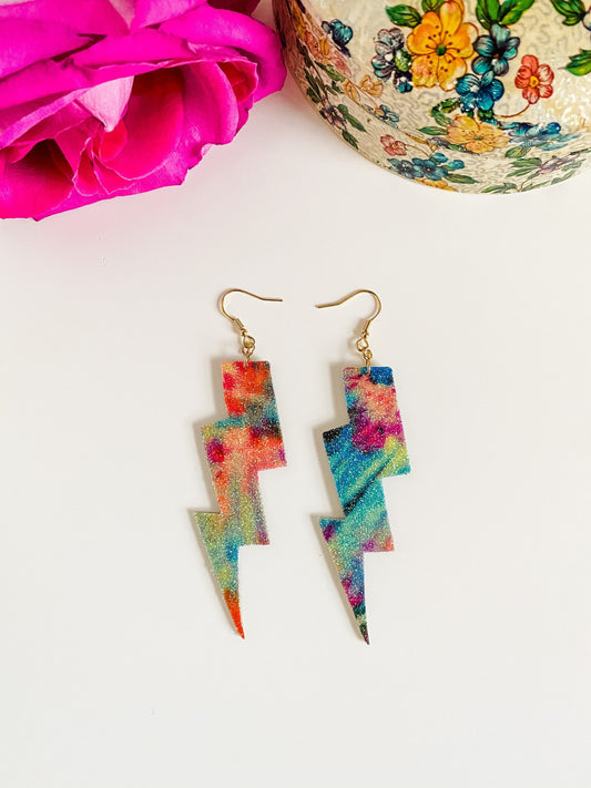 Tie Dye Glitter Lightning Bolt Earrings, Tie Dye Earrings, Lightning Earrings, Fun Earrings, Party Earrings, Maximalist Earrings