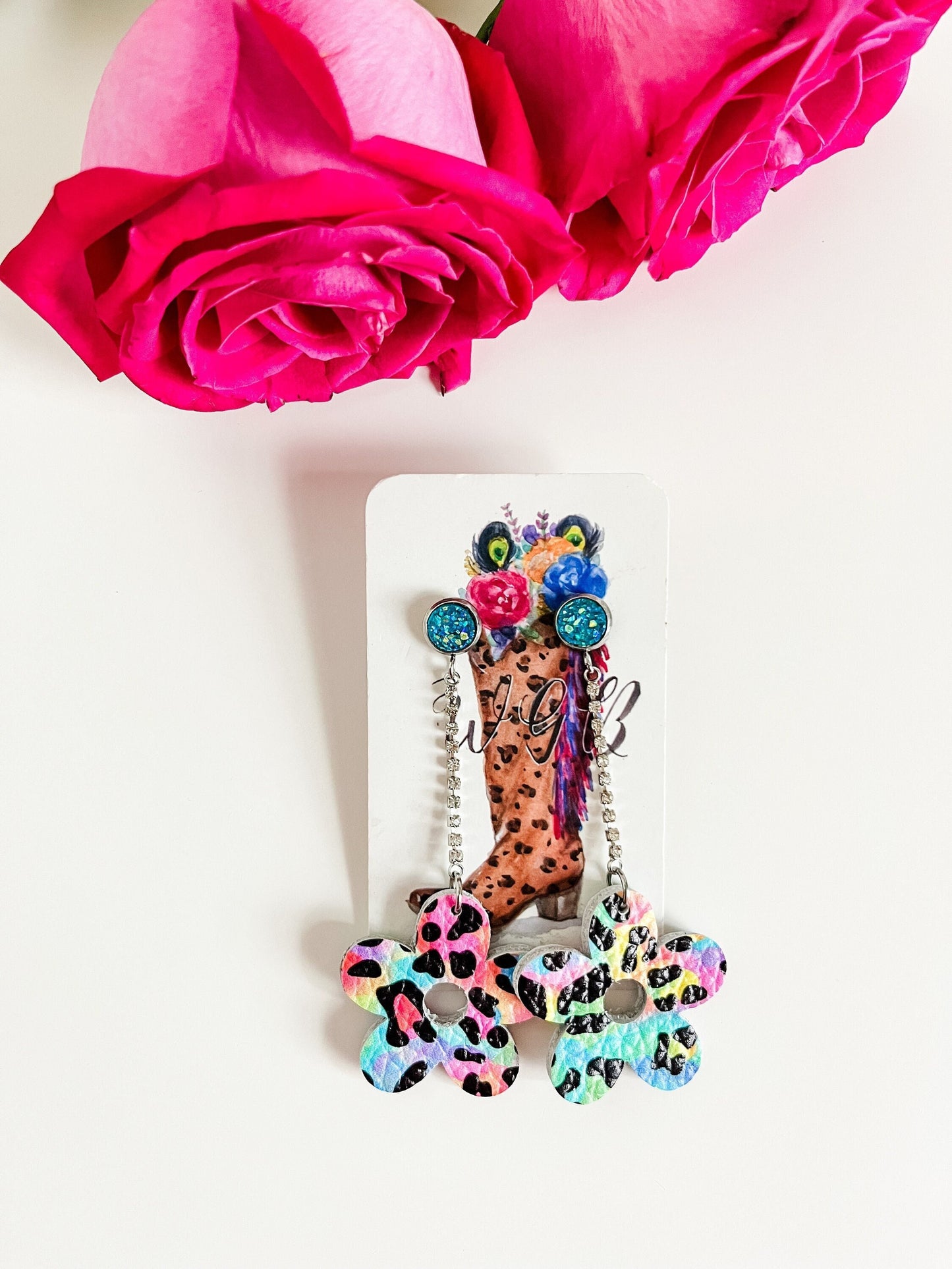 Neon Leopard Print Flower Earrings, Cute Flower Dangle Earrings with Rhinestone Chain, Lisa Frank Inspired Earrings, Quirky Retro Earrings