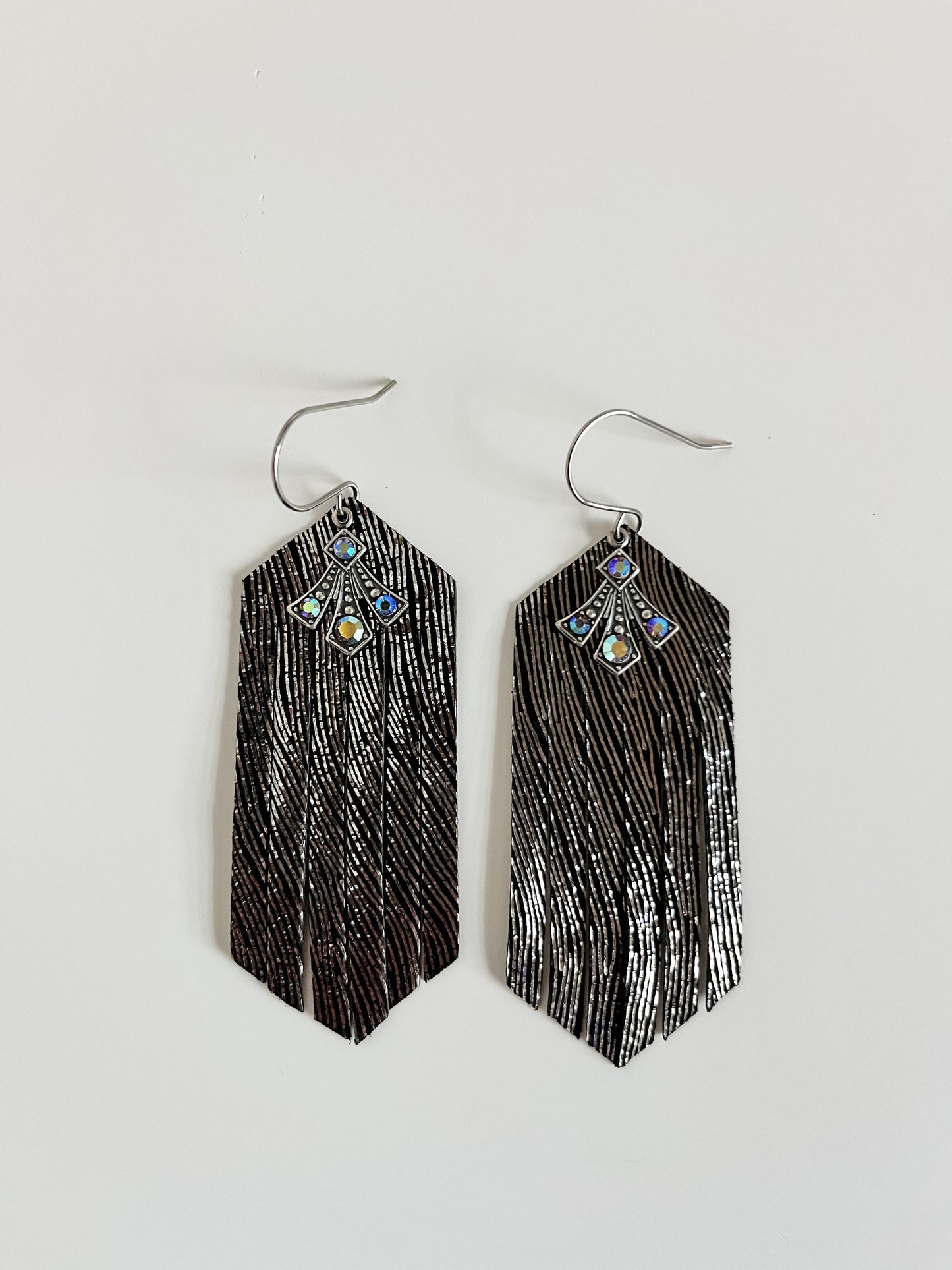 Black Leather Fringe Earrings, Black Fringe Earrings Art Deco Dangles, Boho Deco Earrings, Sparkly Party Earrings, Birthday Gift for Her