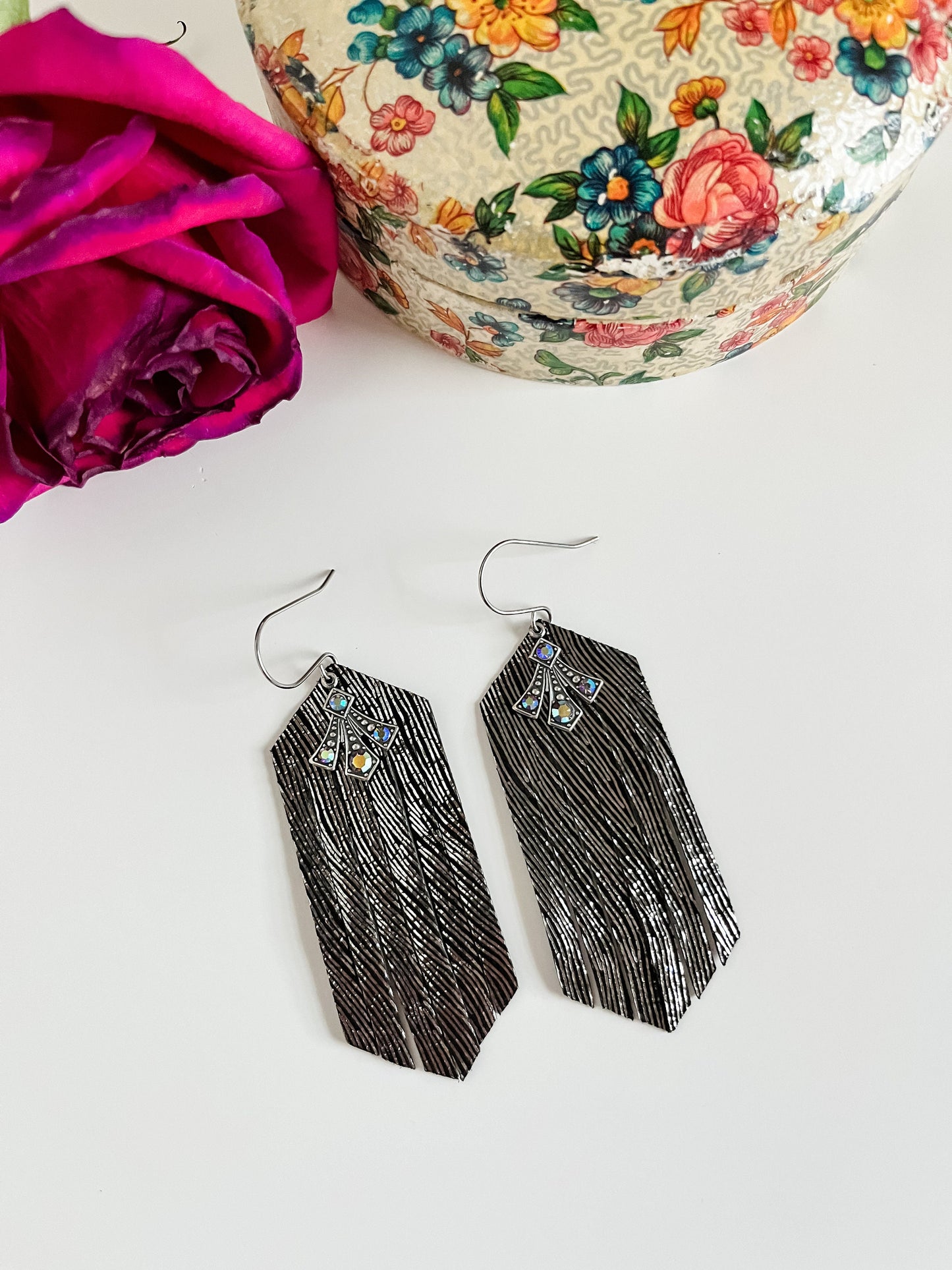 Black Leather Fringe Earrings, Black Fringe Earrings Art Deco Dangles, Boho Deco Earrings, Sparkly Party Earrings, Birthday Gift for Her