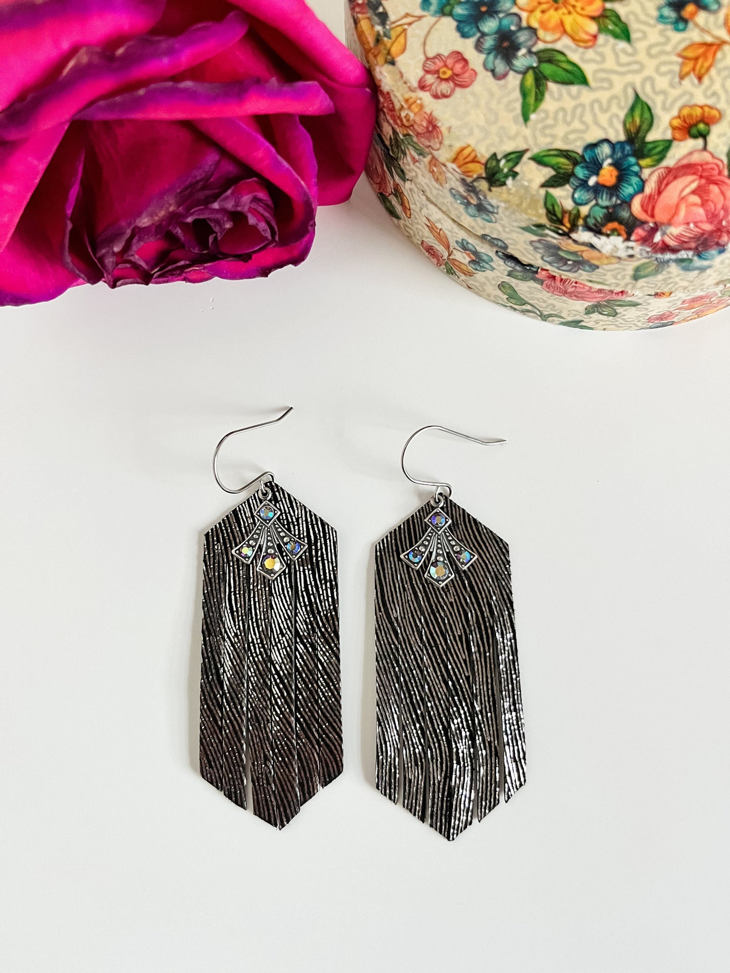 Black Leather Fringe Earrings, Black Fringe Earrings Art Deco Dangles, Boho Deco Earrings, Sparkly Party Earrings, Birthday Gift for Her