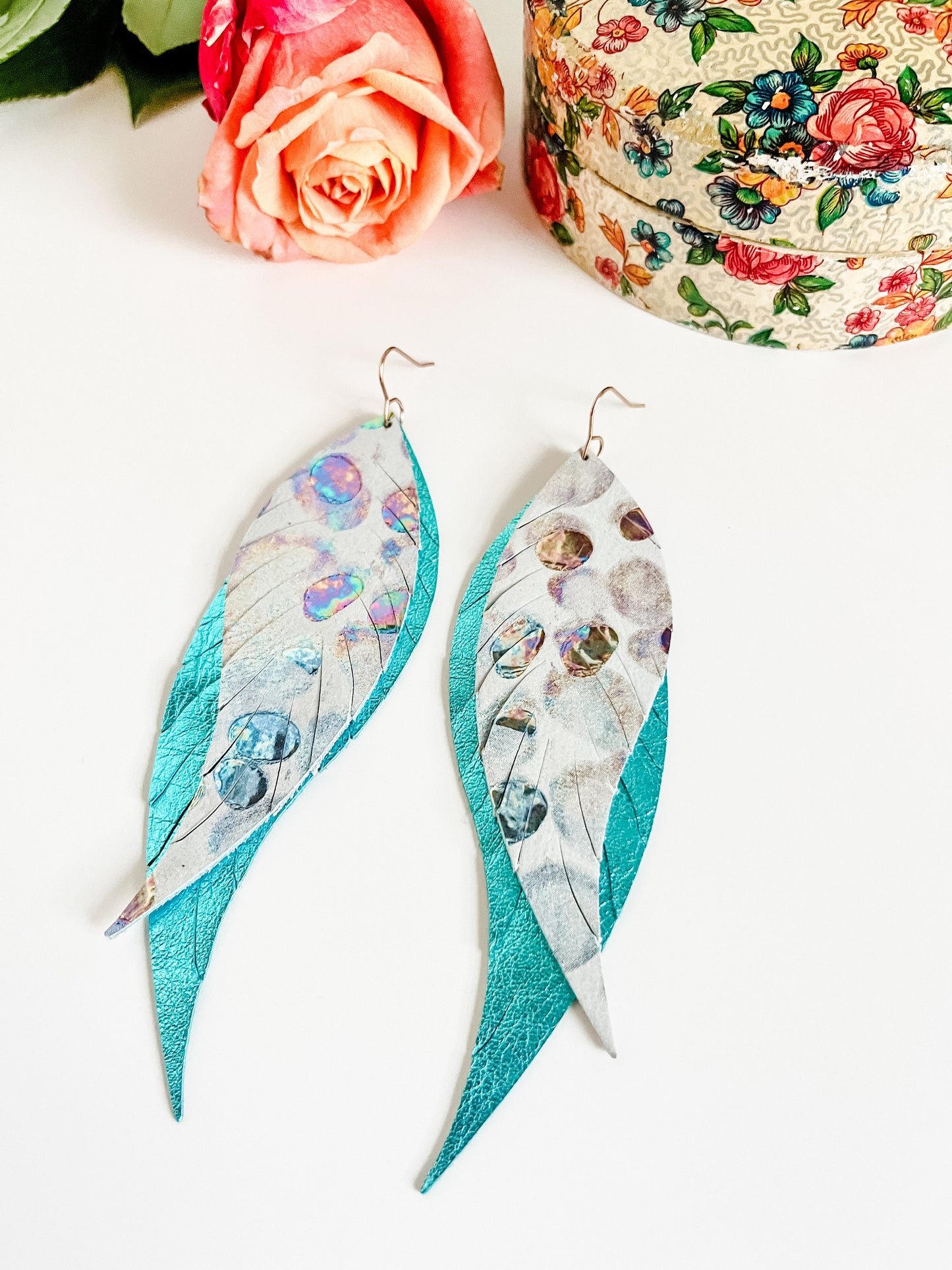 Big Feather Earrings, Iridescent White and Turquoise Leather Earrings, Coastal Cowgirl Earrings, Maximalist Earrings, Birthday Gift for Her