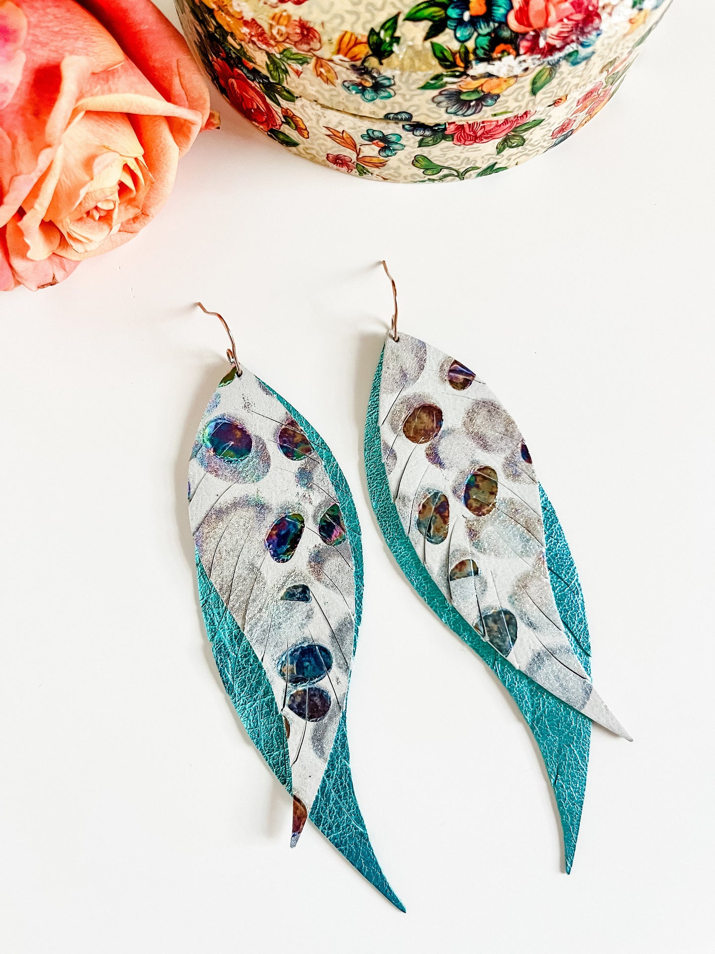 Big Feather Earrings, Iridescent White and Turquoise Leather Earrings, Coastal Cowgirl Earrings, Maximalist Earrings, Birthday Gift for Her