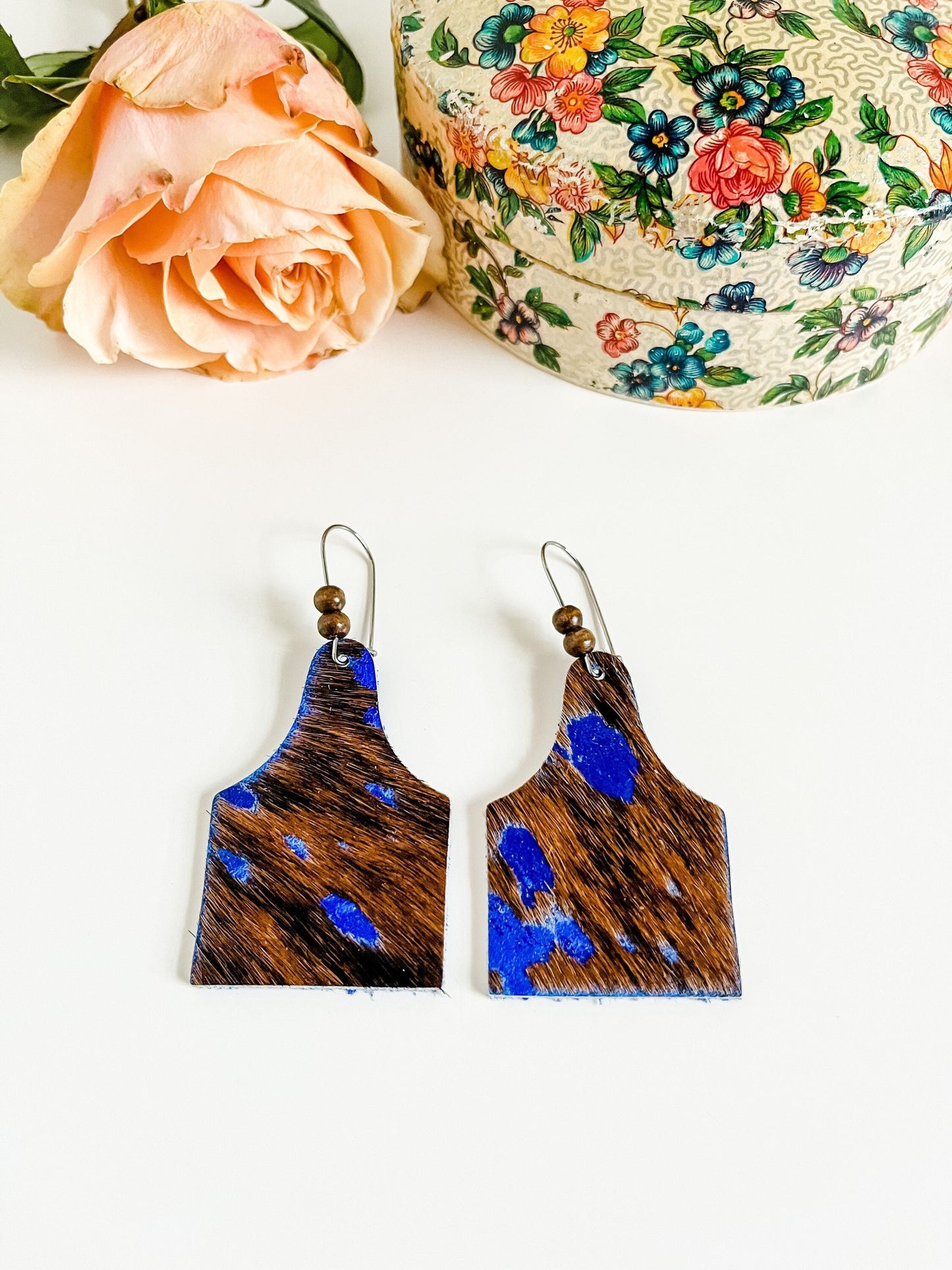 Royal Blue Brindle Hair on Hide Cattle Tag Earrings, Cow Ear Tag Earrings with Wood Beads, Western Earrings, Punchy Earrings