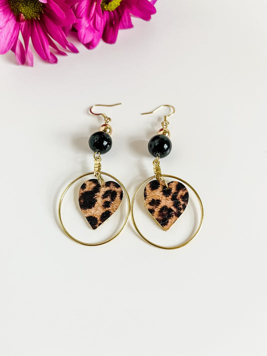 Cheetah Heart Hoop Earrings, Leather Heart Earrings, Cheetah Leopard Print Dangle Earrings, Valentines Earrings