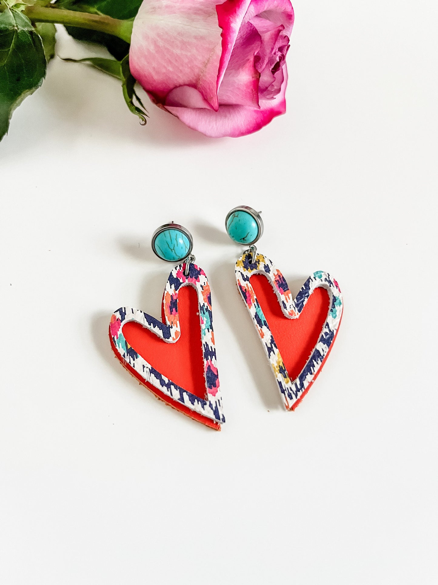 Western Heart Earrings, Turquoise Stud Earrings Leather Heart Dangle Earrings, Orange and Western Ikat Print Leather, Gift for Cowgirl