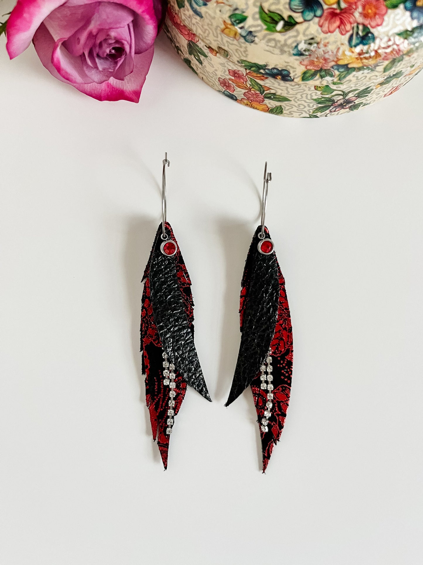 Slim Feather Fringe Earrings, Red and Black Long Feather Earrings, Maximalist Earrings, Rhinestone Tassels, Ruby Dangle, Galentines Day Gift