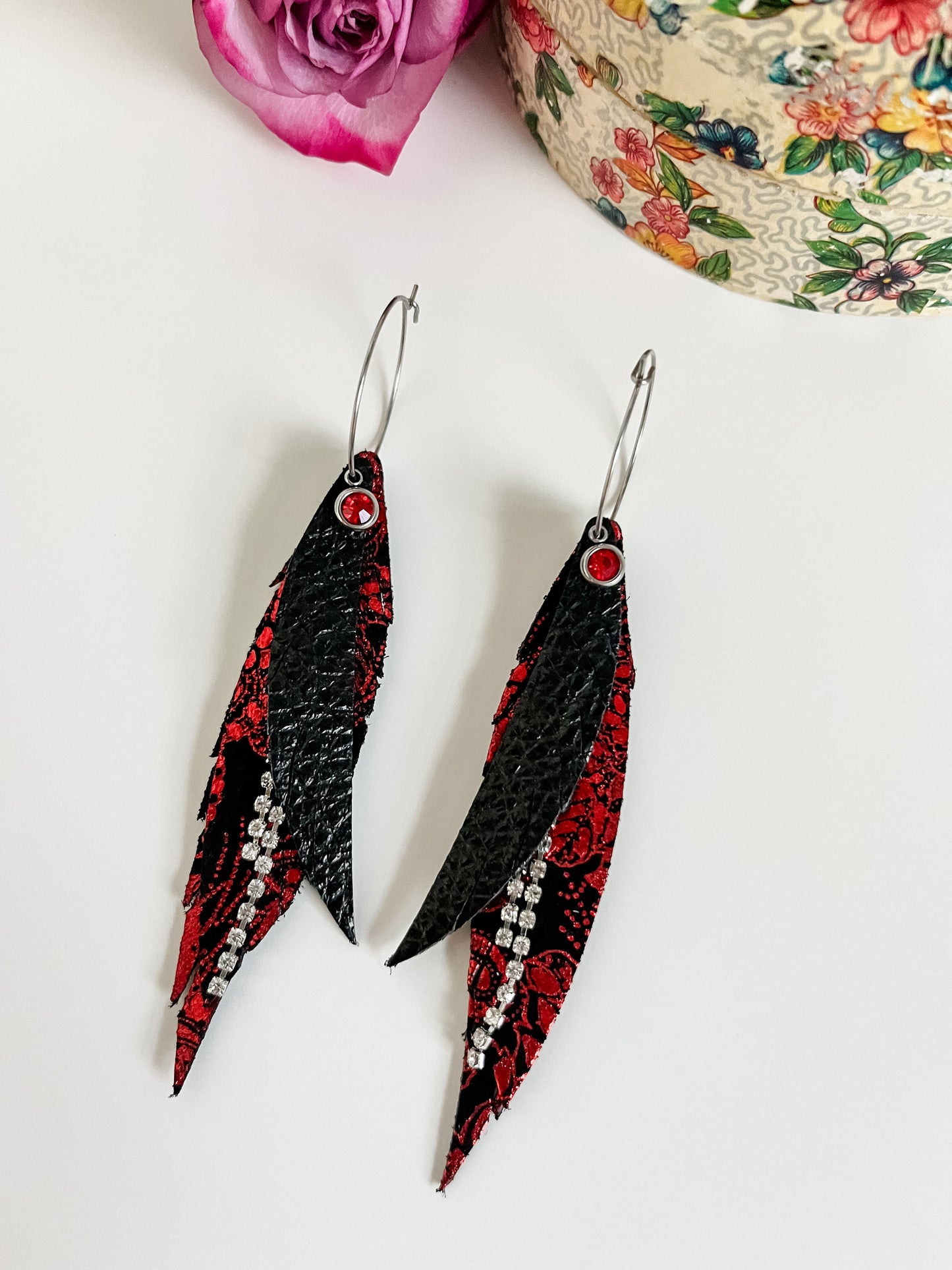 Slim Feather Fringe Earrings, Red and Black Long Feather Earrings, Maximalist Earrings, Rhinestone Tassels, Ruby Dangle, Galentines Day Gift