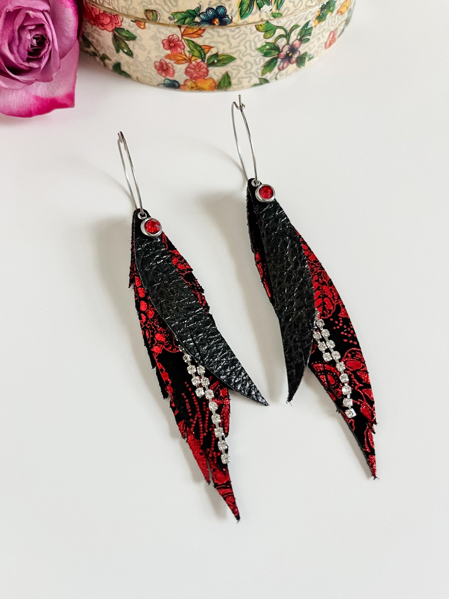 Slim Feather Fringe Earrings, Red and Black Long Feather Earrings, Maximalist Earrings, Rhinestone Tassels, Ruby Dangle, Galentines Day Gift