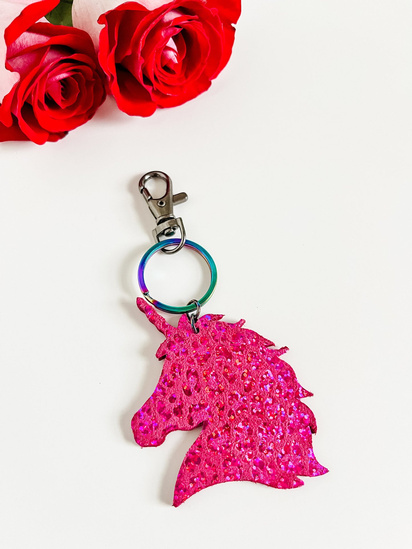 Unicorn Purse Charm Keychain, Metallic Pink Leopard Print Leather, Pink Bag Charm, Purse Backpack Accessory, Bag Bling, Unicorn Gift for Her