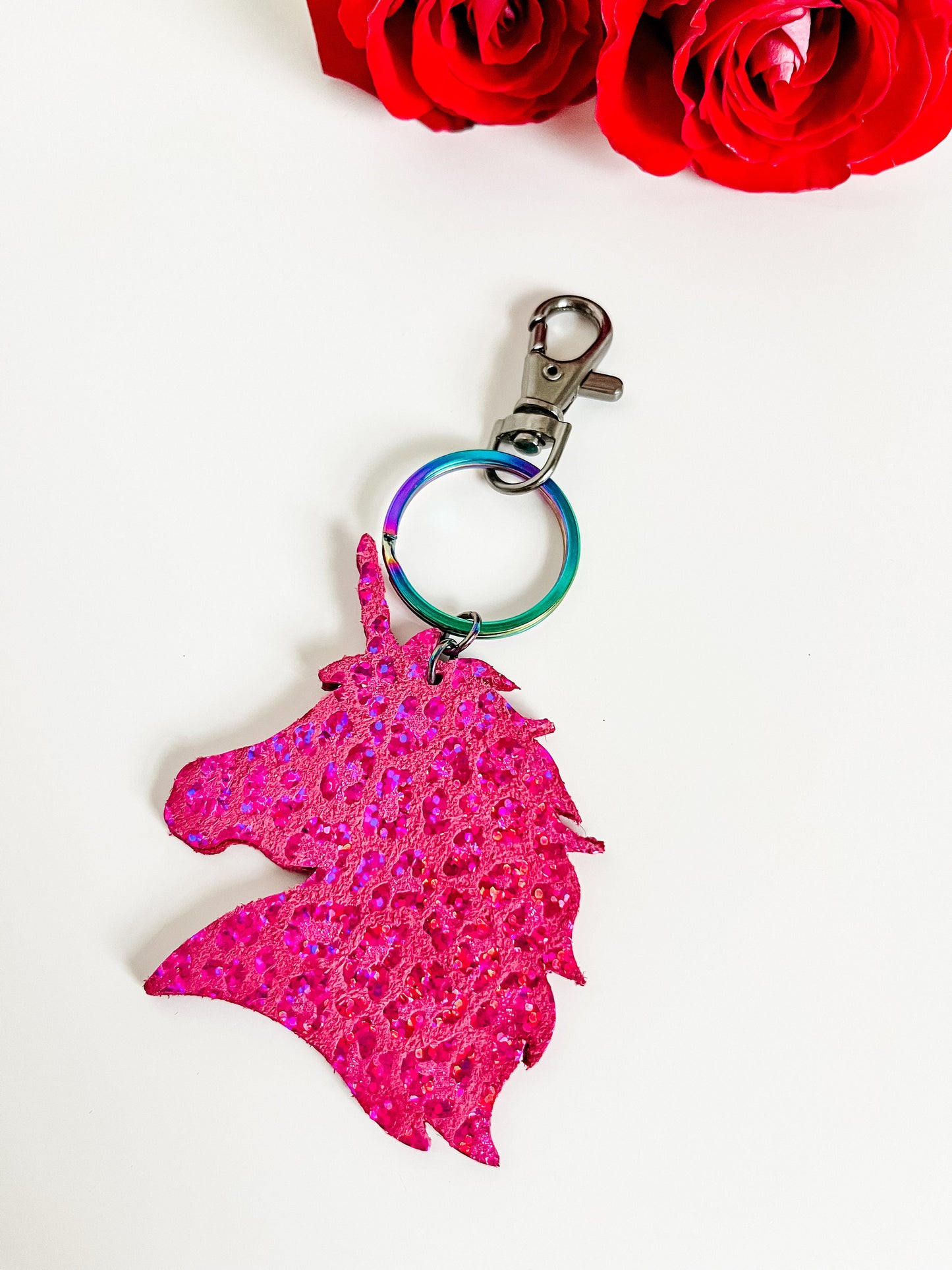 Unicorn Purse Charm Keychain, Metallic Pink Leopard Print Leather, Pink Bag Charm, Purse Backpack Accessory, Bag Bling, Unicorn Gift for Her