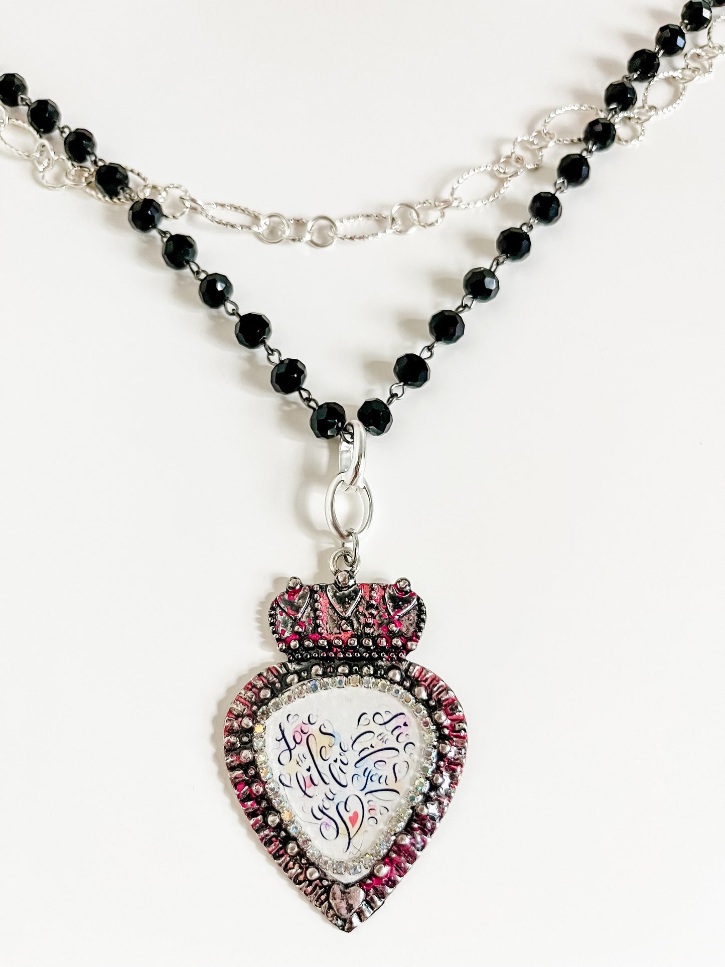 Love the Life You Live Steampunk Heart Necklace, Heart Pendant on Black Bead and Silver Mixed Link Chain, Two Strand Necklace, Gift for Her