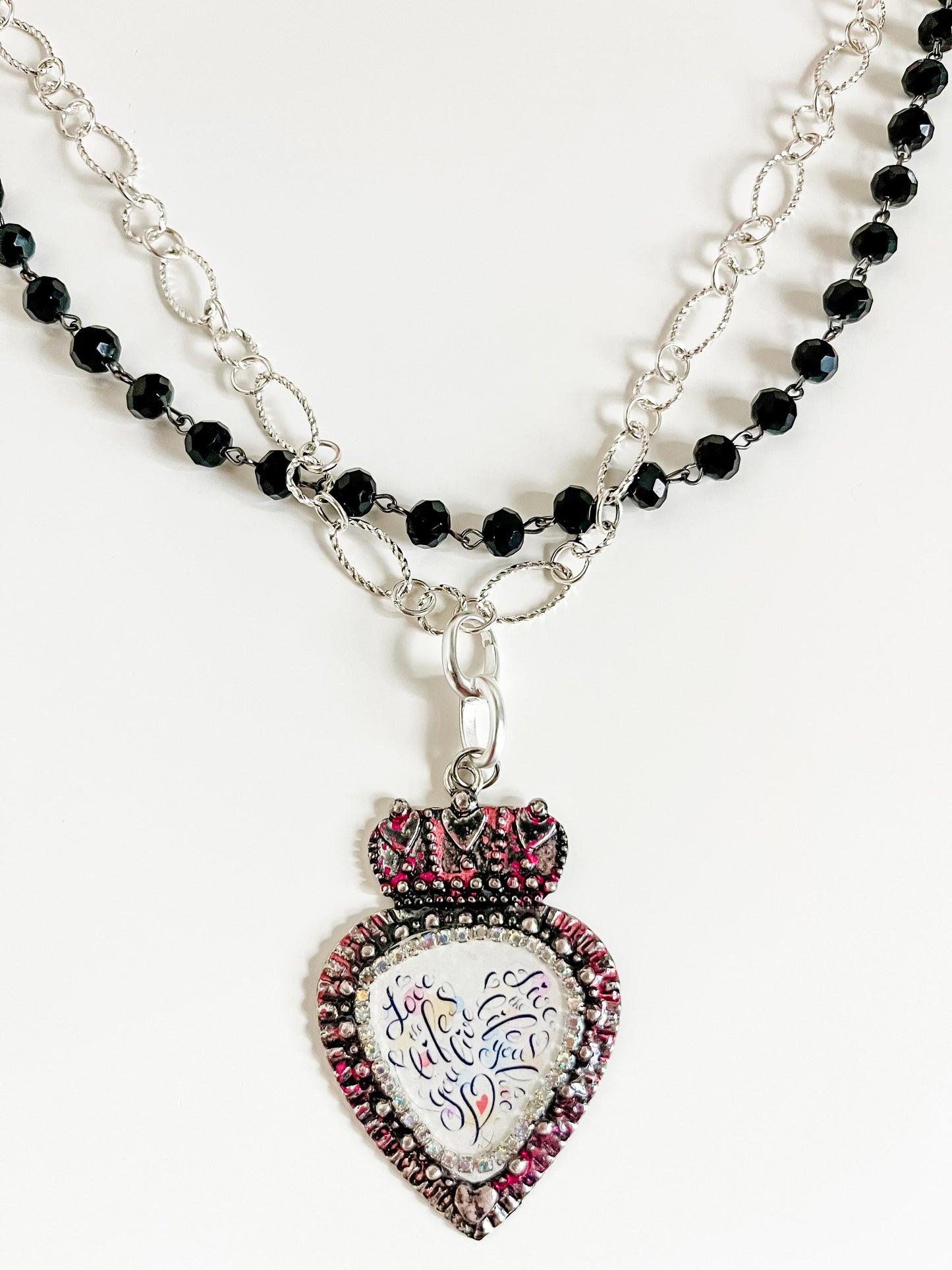 Love the Life You Live Steampunk Heart Necklace, Heart Pendant on Black Bead and Silver Mixed Link Chain, Two Strand Necklace, Gift for Her