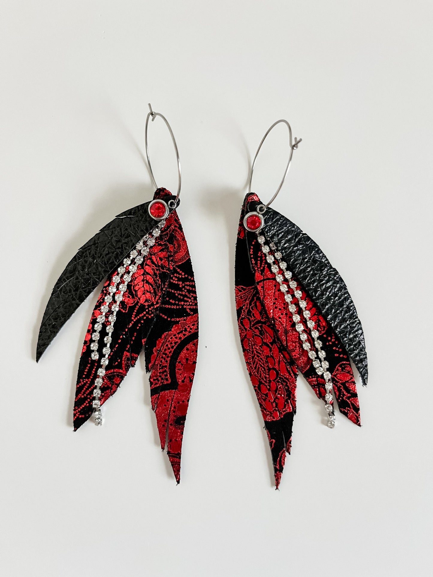 Slim Feather Fringe Earrings, Red and Black Long Feather Earrings, Maximalist Earrings, Rhinestone Tassels, Ruby Dangle, Galentines Day Gift