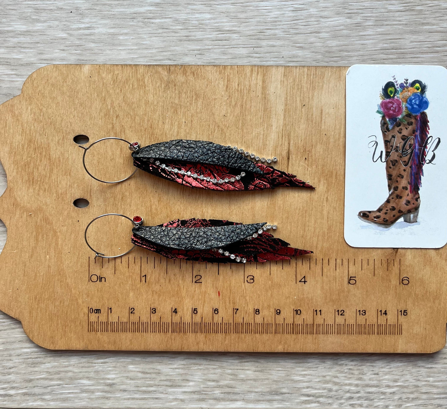 Slim Feather Fringe Earrings, Red and Black Long Feather Earrings, Maximalist Earrings, Rhinestone Tassels, Ruby Dangle, Galentines Day Gift